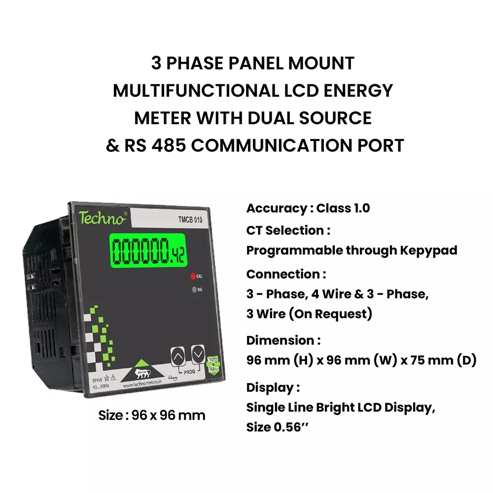 Techno Meters Polycarbonate Dual Source Energy Meter Three Phase 4-Wire Panel Type 1.42 cm (0.56 inch) LCD Display, TMCB 010