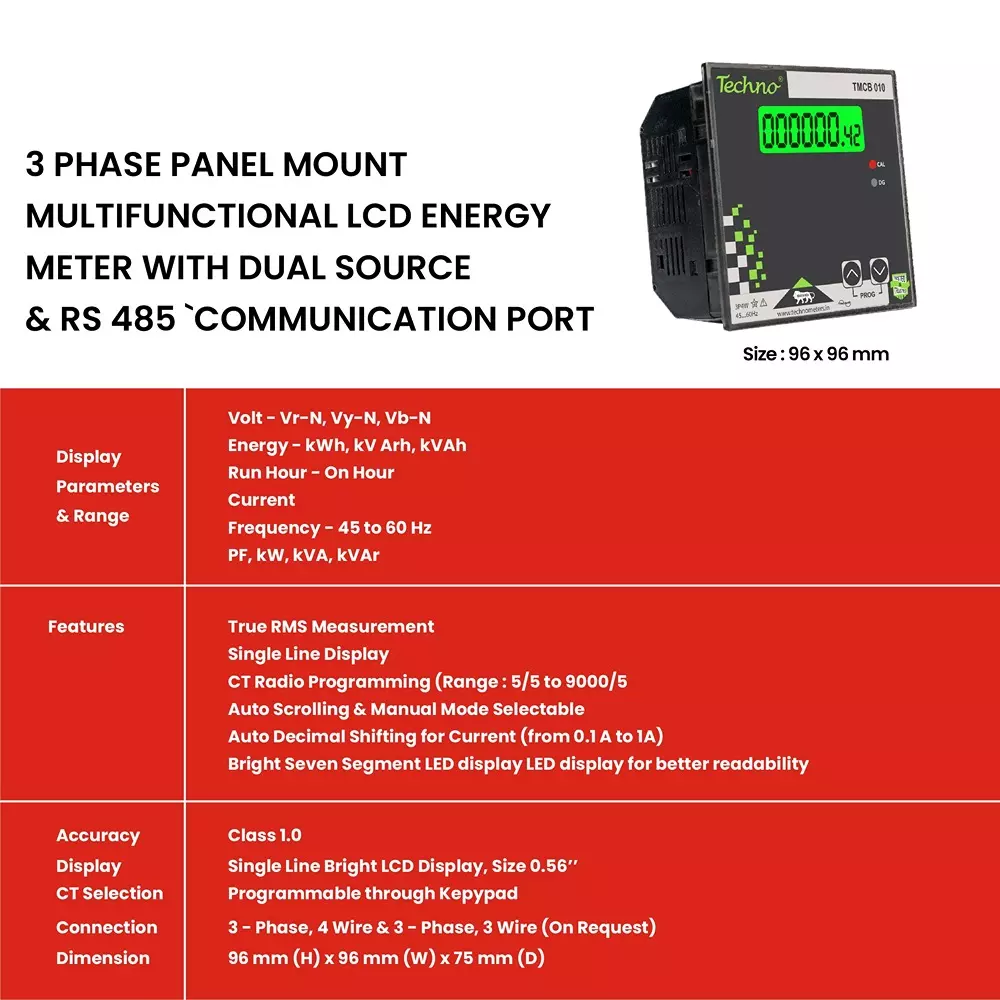 Techno Meters Polycarbonate Dual Source Energy Meter Three Phase 4-Wire Panel Type 1.42 cm (0.56 inch) LCD Display, TMCB 010