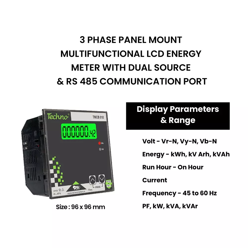 Techno Meters Polycarbonate Dual Source Energy Meter Three Phase 4-Wire Panel Type 1.42 cm (0.56 inch) LCD Display, TMCB 010