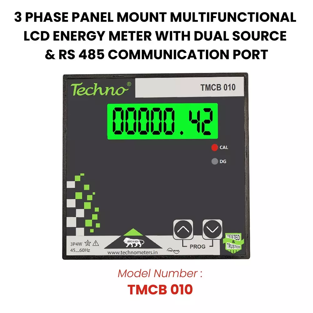 Techno Meters Polycarbonate Dual Source Energy Meter Three Phase 4-Wire Panel Type 1.42 cm (0.56 inch) LCD Display, TMCB 010