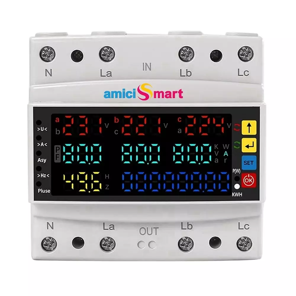 amiciSmart Energy Meter LCD Display 220 VAC 80 A 3 Phase, Auto-Reconnect, Over/Under Voltage & Current Protection, Frequency & Phase Monitoring, 1x3P-ADV