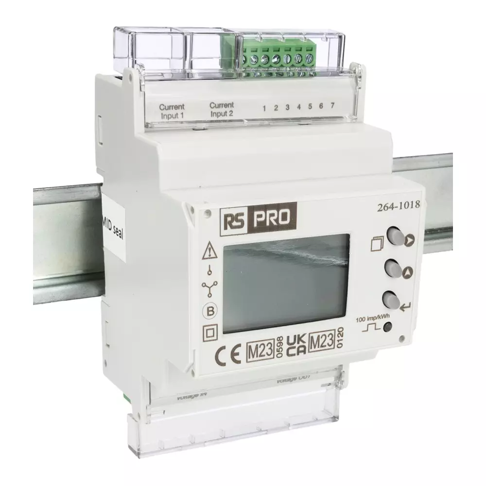 RS PRO Energy Meter LCD Class B Accuracy Pulse Output 2 Inputs 2 Outputs 3 Phase 66 mm, 2641018