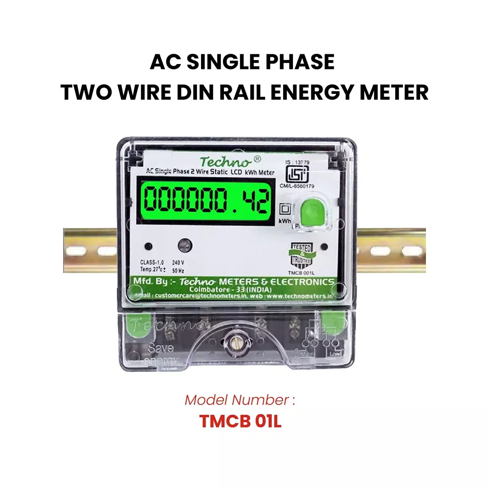 Techno Meters Polycarbonate Single Phase Two Wire Energy Meter LCD Display DIN Rail + Wall Mount 10-40 A240 V 50 Hz, TMCB 01L