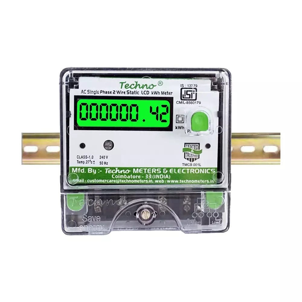 Techno Meters Polycarbonate Single Phase Two Wire Energy Meter LCD Display DIN Rail + Wall Mount 10-40 A240 V 50 Hz, TMCB 01L