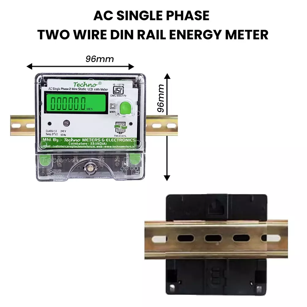 Techno Meters Polycarbonate Single Phase Two Wire Energy Meter LCD Display DIN Rail + Wall Mount 10-40 A240 V 50 Hz, TMCB 01L