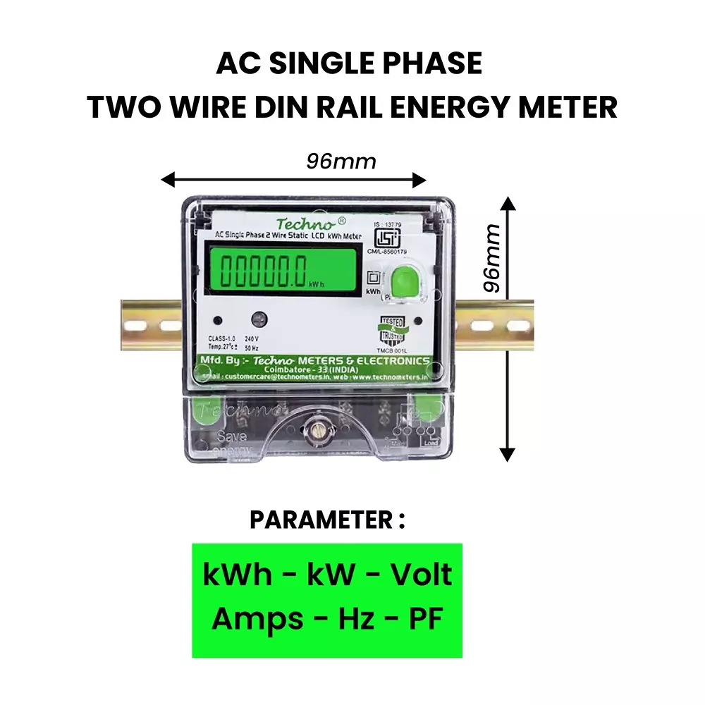 Techno Meters Polycarbonate Single Phase Two Wire Energy Meter LCD Display DIN Rail + Wall Mount 10-40 A240 V 50 Hz, TMCB 01L