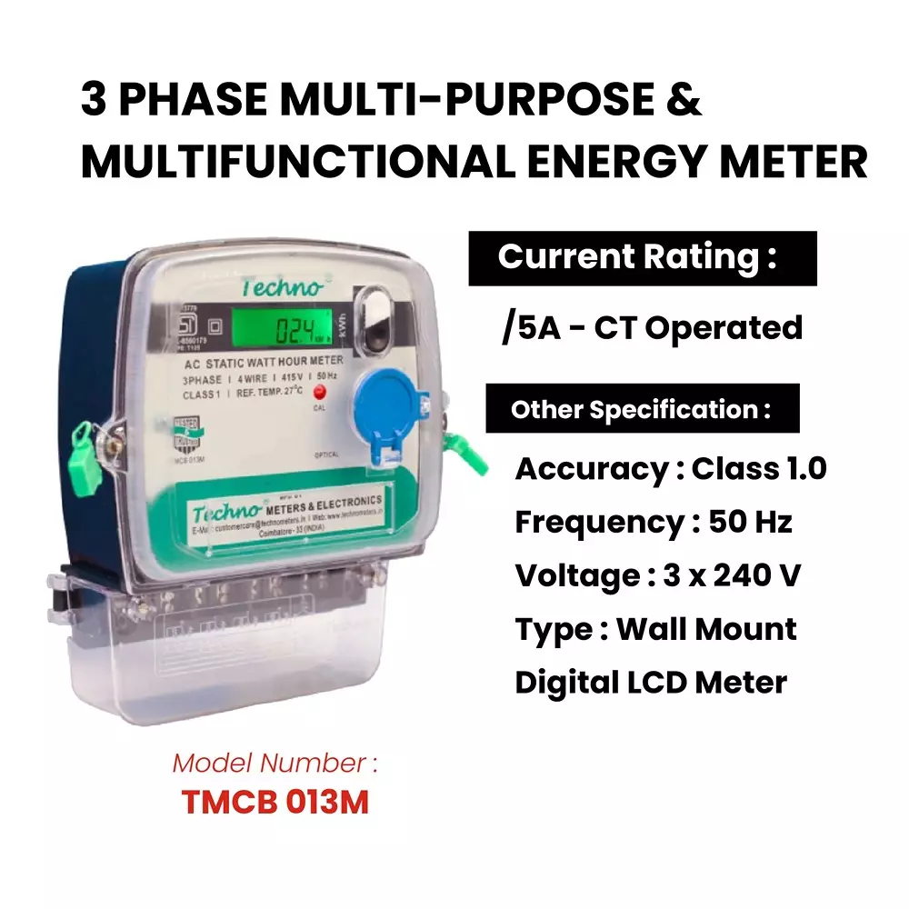 Techno Meters Digital Multifunctional Energy Meter Three Phase 4-Wire 5 A (CT Operated) Class 1.0, TMCB 013 M