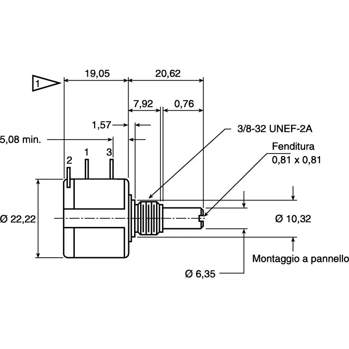 Vishay Panel Mount Rotary Potentiometer 1 W Power 1 kΩ Resistance Solder Lug Terminal, 533B1102JL