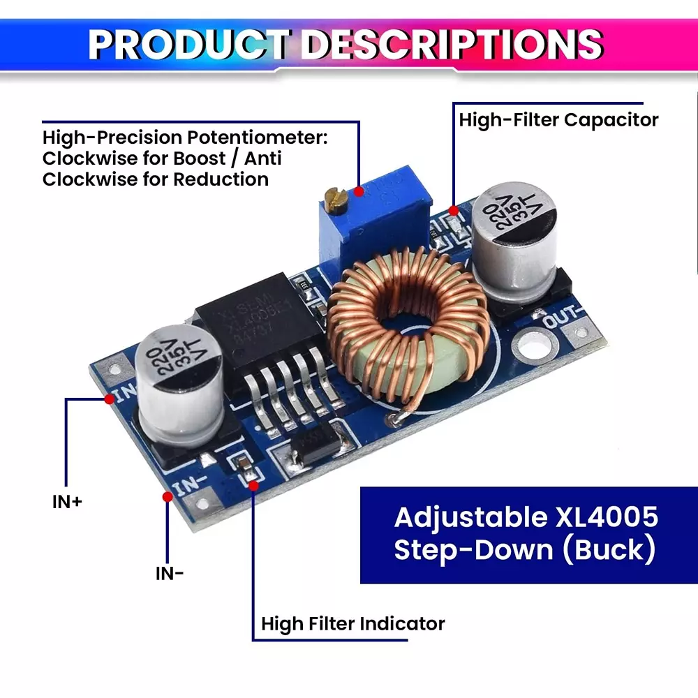 AmiciSolar DC-DC Buck Convertor 5-32 VDC Input Voltage 1.25-32 VDC Output Voltage with Reverse Current Protection