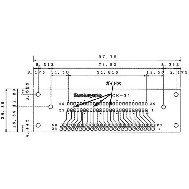 Sunhayato Connector Conversion Board 2.54 mm Cell Spacing 28.39 x97.79 mm Circuit Board Dimensions, Length X Width, CK-31