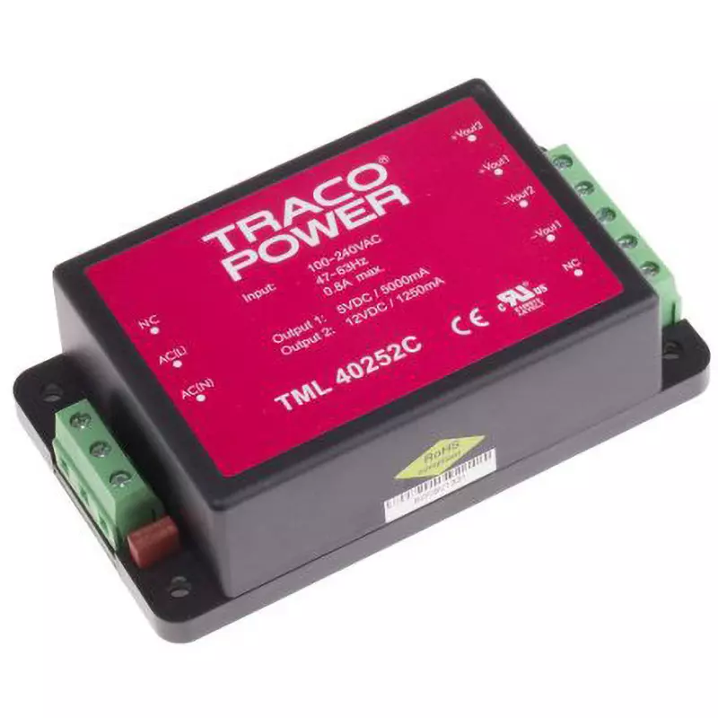 TRACO POWER AC/DC Converter 40.0 VA Rated/Max Power Output 5/1.25 A Rated Output Current DC 5/12 Rated, TML 40252C