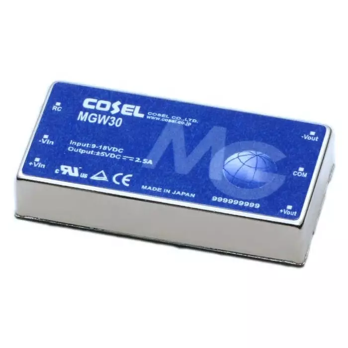 Cosel DC-DC Converter, ±15 V DC/ 1A Output, 9 - 18 V DC Input, 30W, Through Hole, +85°C Max Temp, -40°C Min Temp, MGW301215