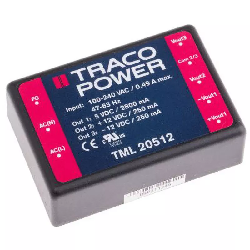 TRACO POWER AC/DC Converter 20.0 VA Rated/Max Power Output DC 5/±12 Rated Output Voltage 2.8/0.25 A Rated, TML 20512