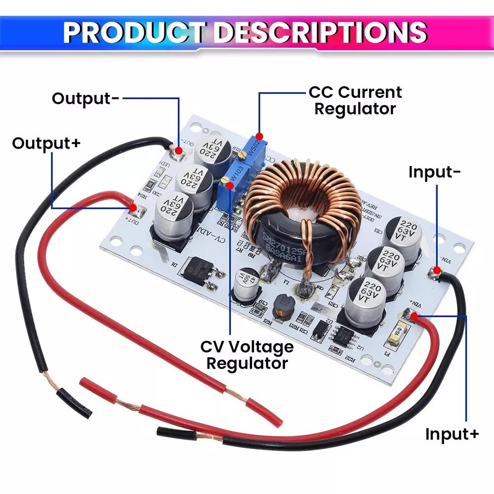 AmiciSolar DC-DC Boost Converter 600 W 10-60 V to 12-60 V Adjustable 10 A High Efficiency Aluminum Plate Design, LED-CC-POW-600W