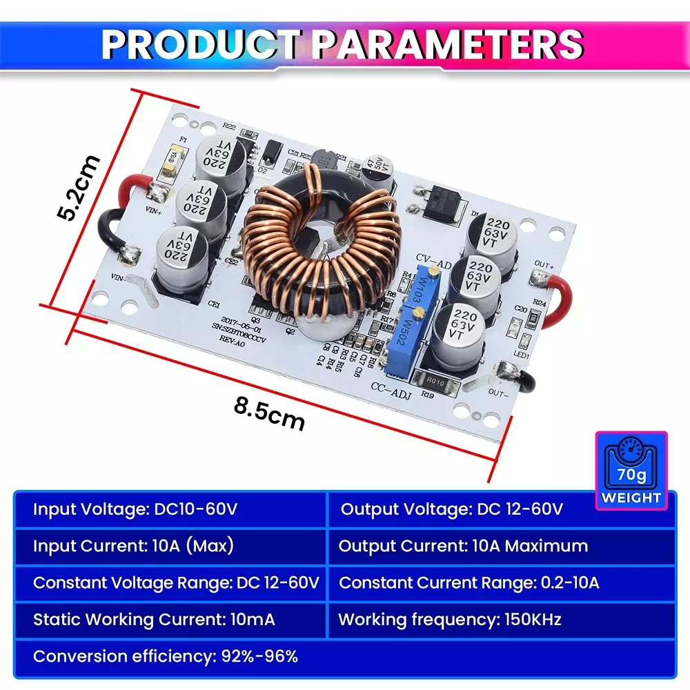 AmiciSolar DC-DC Boost Converter 600 W 10-60 V to 12-60 V Adjustable 10 A High Efficiency Aluminum Plate Design, LED-CC-POW-600W