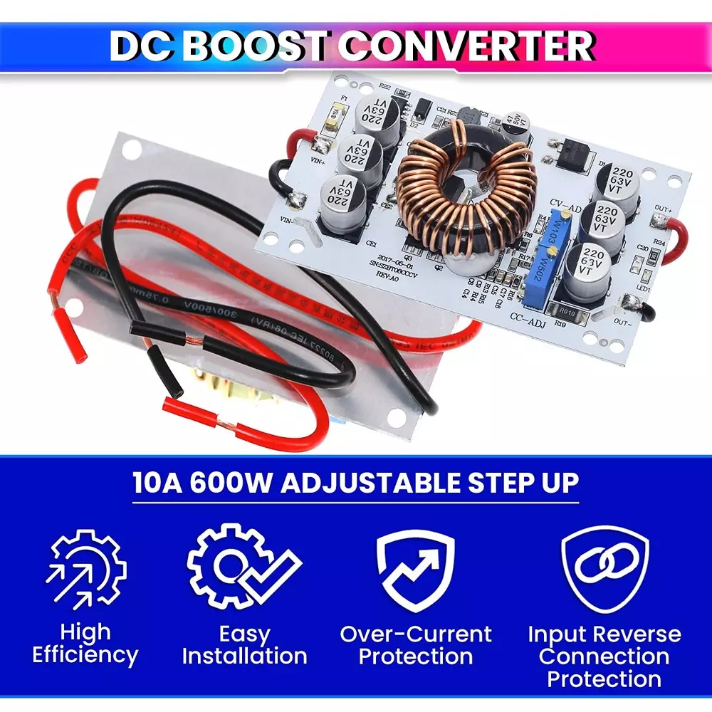 AmiciSolar DC-DC Boost Converter 600 W 10-60 V to 12-60 V Adjustable 10 A High Efficiency Aluminum Plate Design, LED-CC-POW-600W
