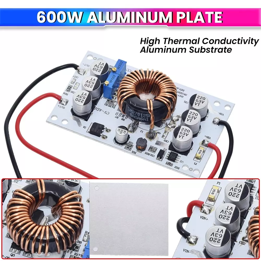 AmiciSolar DC-DC Boost Converter 600 W 10-60 V to 12-60 V Adjustable 10 A High Efficiency Aluminum Plate Design, LED-CC-POW-600W