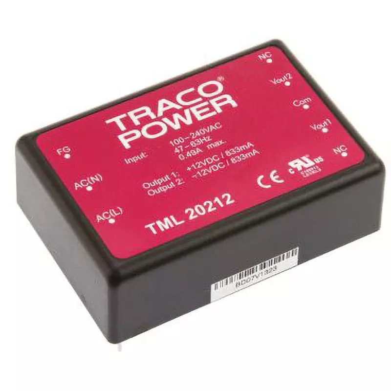 TRACO POWER AC/DC Converter 20.0 VA Rated/Max Power Output 0.833 A Rated Output Current DC ±12 Rated Output, TML 20212