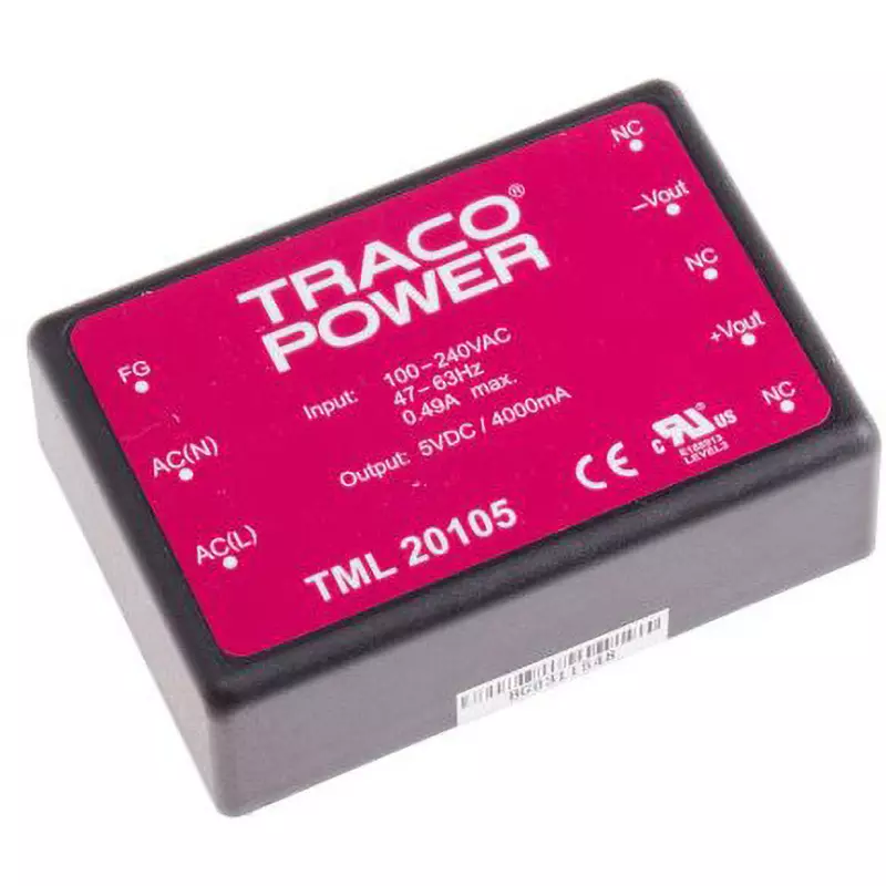 TRACO POWER AC/DC Converter 4 A Rated Output Current DC 5 Rated Output Voltage 20.0 VA Rated/Max Power Output, TML 20105