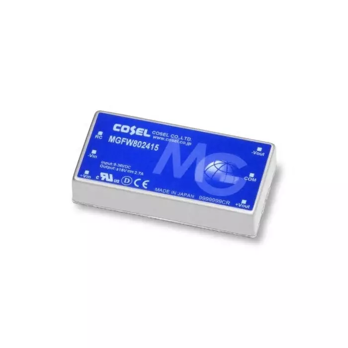Cosel DC-DC Converter MGF Â±15V DC/ 2.7A Output 18-76 V DC Input 81W PCB Mount +85°C max Temp -40°C Min, MGFW804815