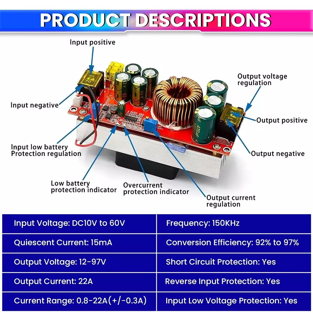 AmiciSolar Boost Converter 1500 W 30 A High-Efficiency Adjustable Advanced Protection, DC-DC-30A