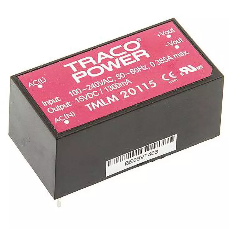 TRACO POWER AC/DC Converter 1.33 A Rated Output Current 20.0 VA Rated/Max Power Output DC 15 Rated Output, TMLM 20115