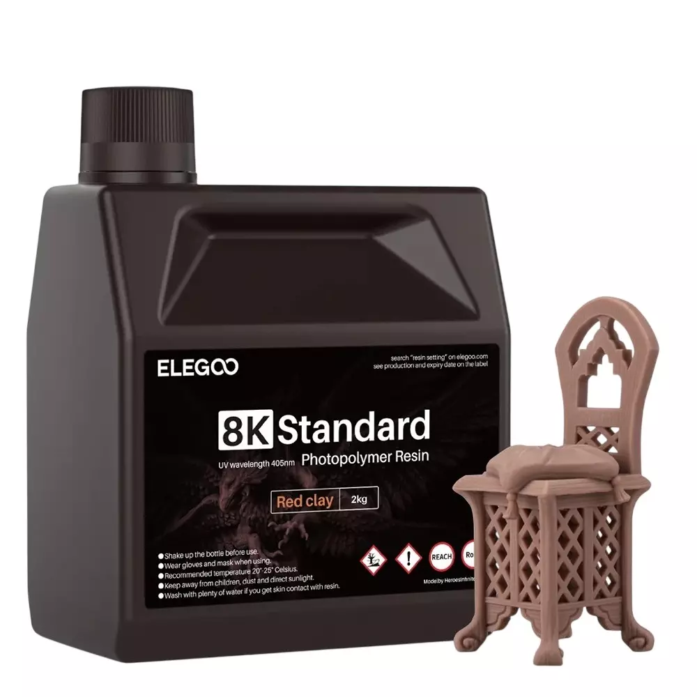 ELEGOO 8K Standard Photopolymer 3D Printer Resin Red Clay 2 Kg, 405nm UV Fast Curing Resin