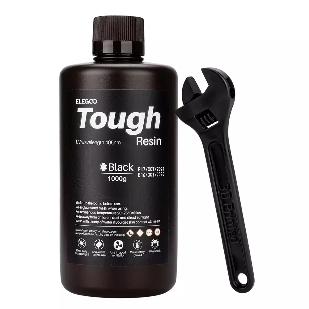 ELEGOO Tough Resin UV 3D Printer Resin Black 405 nm UV Light 1 Kg Weight for Durable Functional Prototypes