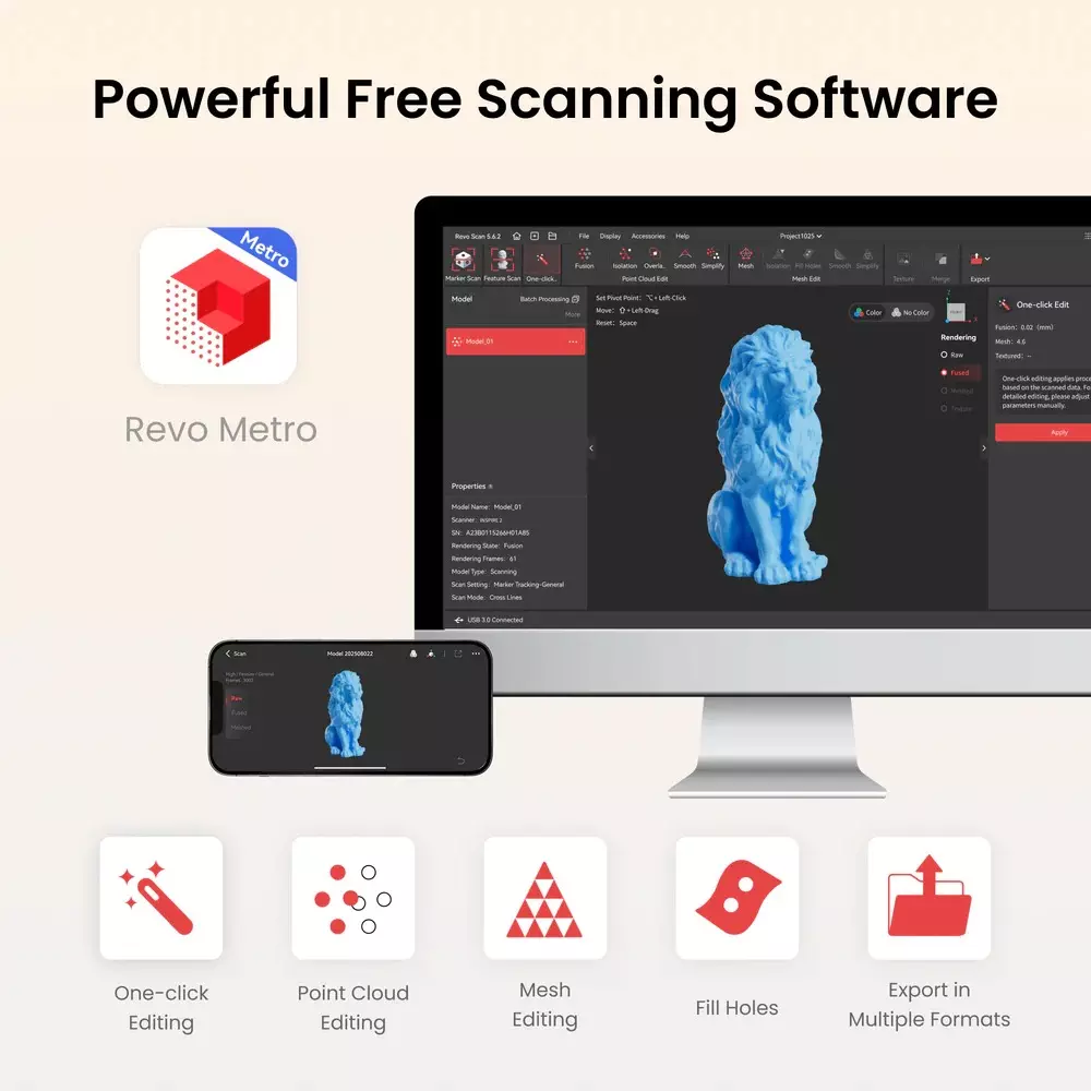 Revopoint INSPIRE 2 Wireless 3D Scanner 0.05 mm Single Frame Accuracy Premium Edition