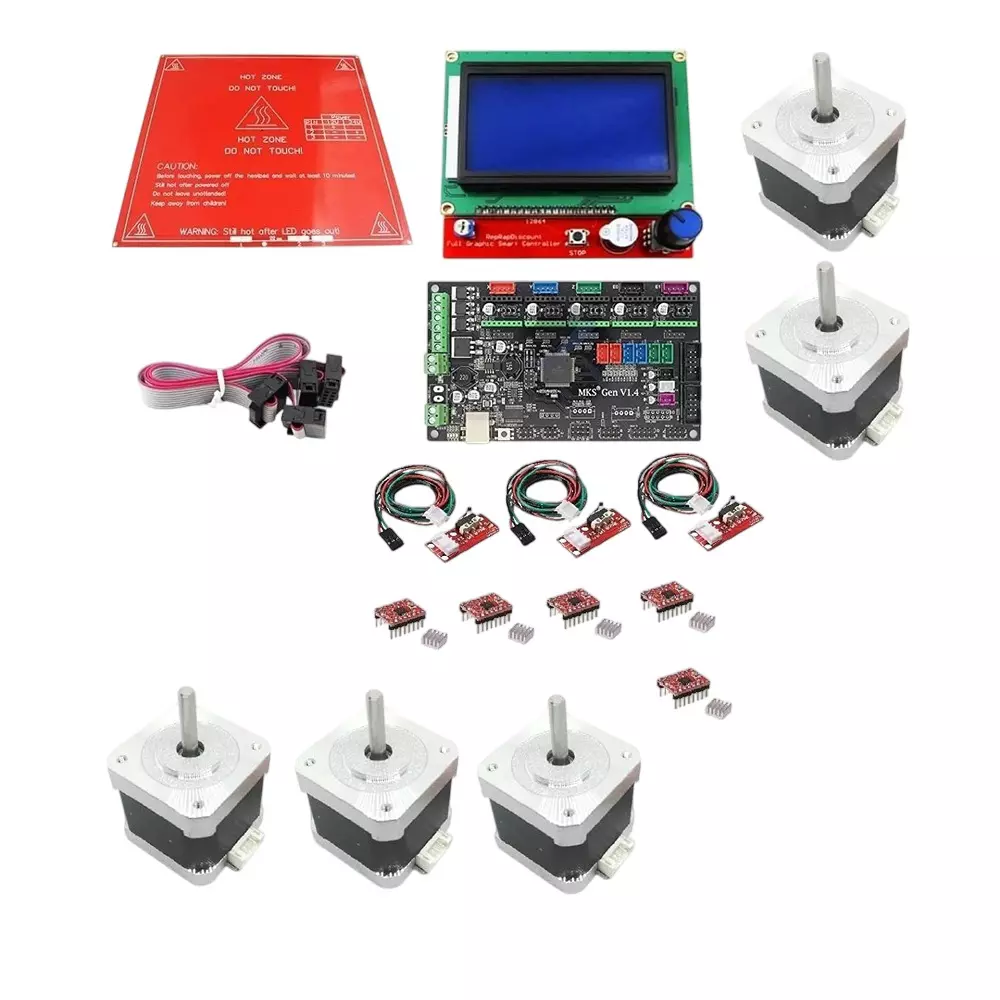 Invento 3D Printer Kit includes MKS Gen 1.4 Board, Smart LCD, PCB Heatbed, A4988 Microstepping Driver Microstepping Driver, Endstop Prusa i3 & Nema 17 Stepper Motor (ISC 1499-2AX)