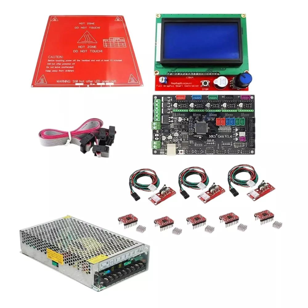 Invento 3D Printer Kit includes MKS Gen 1.4 Board, Smart LCD, PCB Heatbed, A4988 Microstepping Driver, Endstop Prusa i3 & 12V 20A DC Power Supply (ISC 1499-2BX)
