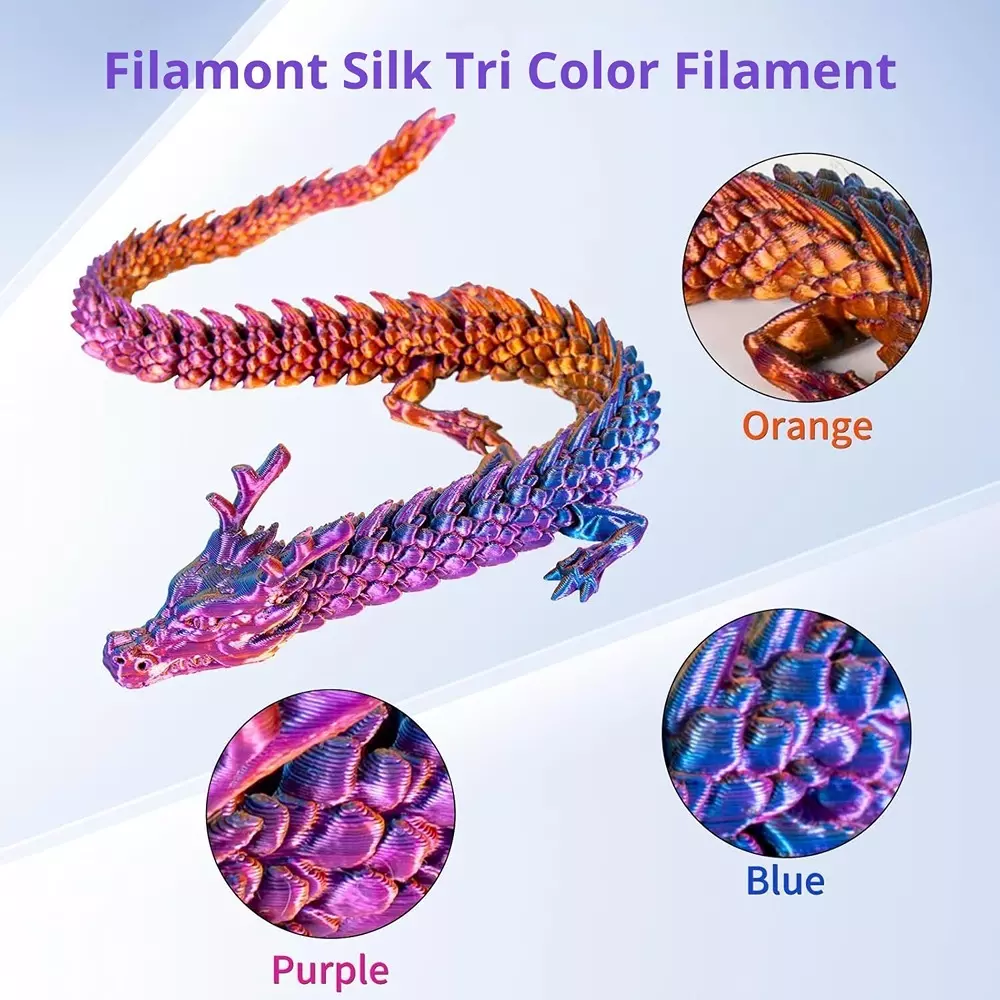 FiLAMONT 3 In 1 Color 3D Printer Filament Silk PLA Blue, Purple, and Orange