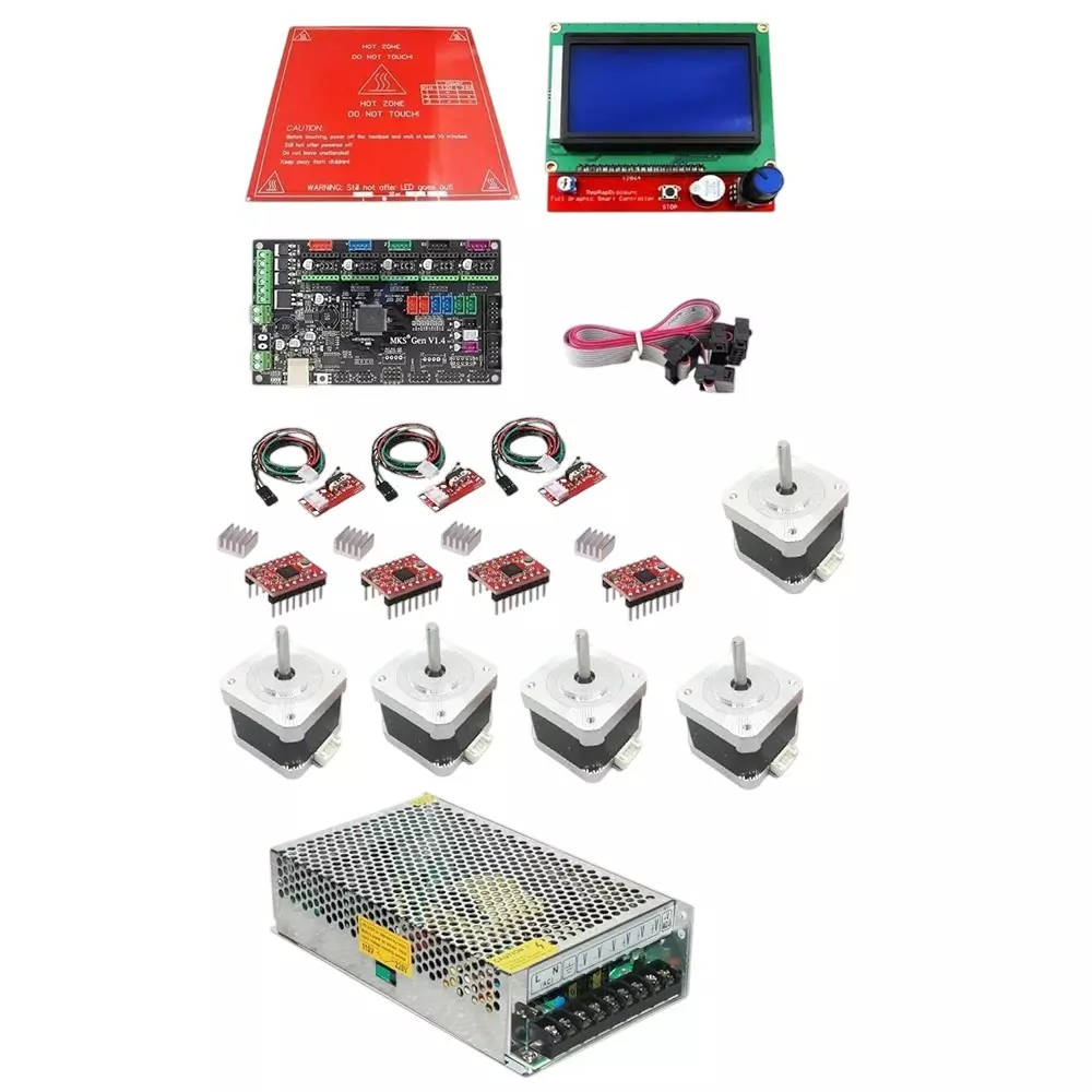 Invento 3D Printer Kit includes MKS Gen 1.4 Board, Smart LCD, PCB Heatbed, A4988 Microstepping Driver, Endstop Prusa i3, 12V 20A DC Power Supply & Nema 17 Stepper Motor (ISC 1499-2CX)