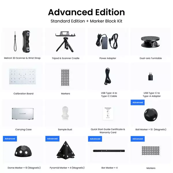Revopoint MetroX Advanced Edition High Precision 3D Scanner with Blue Laser and Structured Light Technology 10 mm to 1 m Object Size