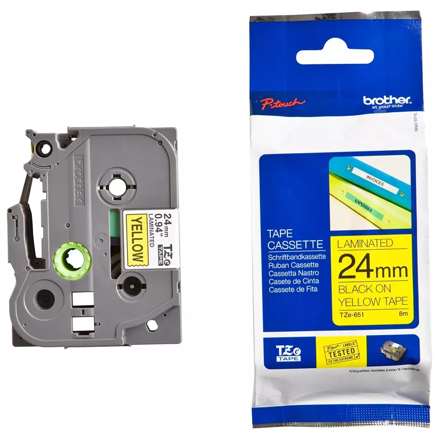 BROTHER Pet Film Tape, Adhesive, Black On Yellow, TZE651