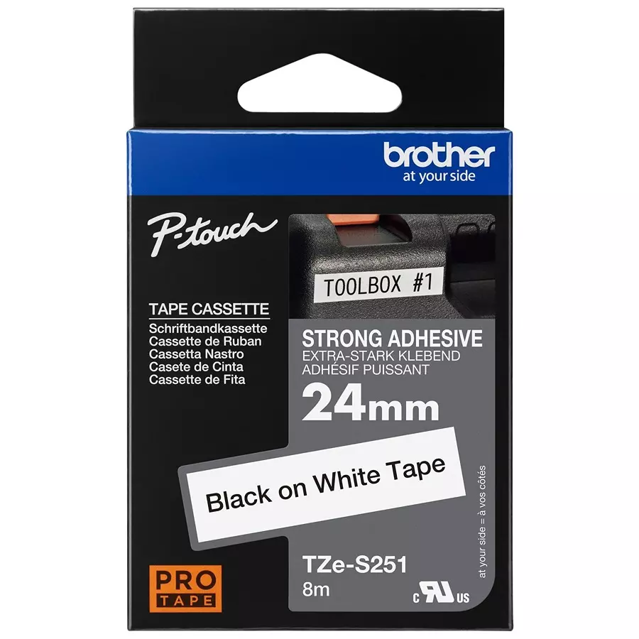 BROTHER Pet Film Tape, Adhesive, Black On White, TZES251