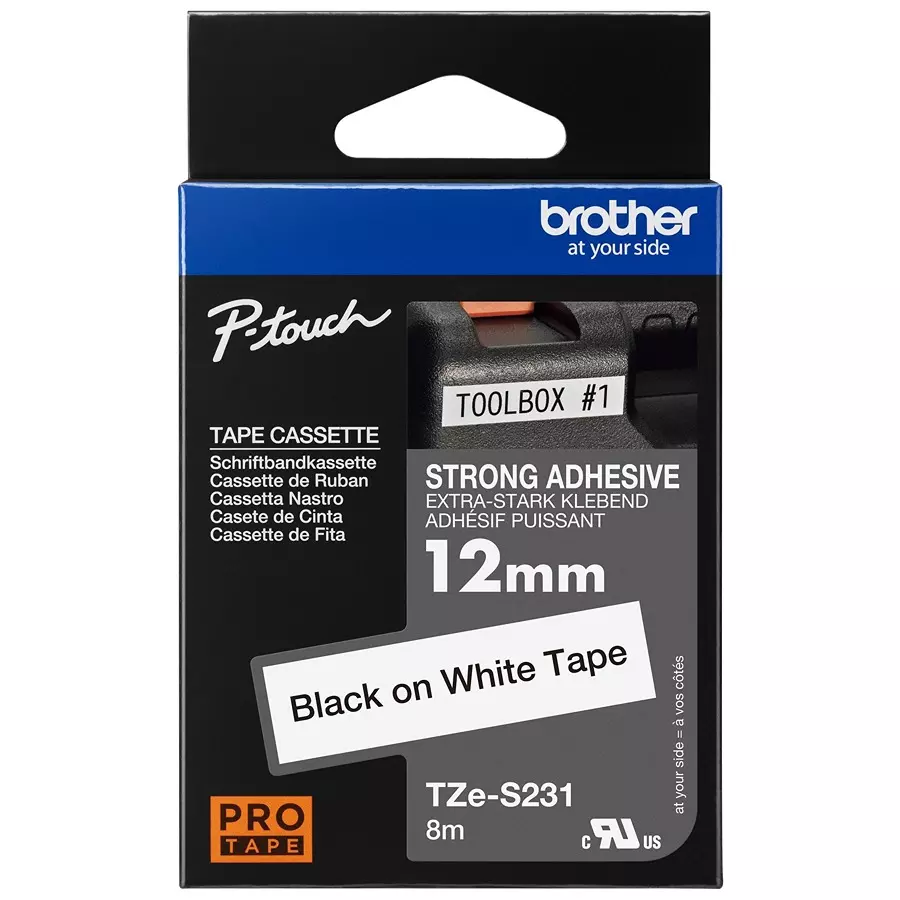 BROTHER Pet Film Tape, Adhesive, Black On White, TZES231