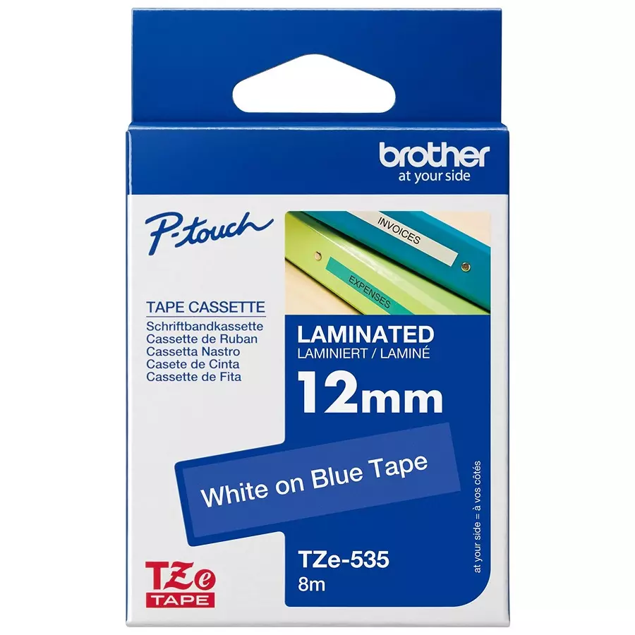 BROTHER Tape, White On Blue, 12Mm W, 8M L, TZE-535