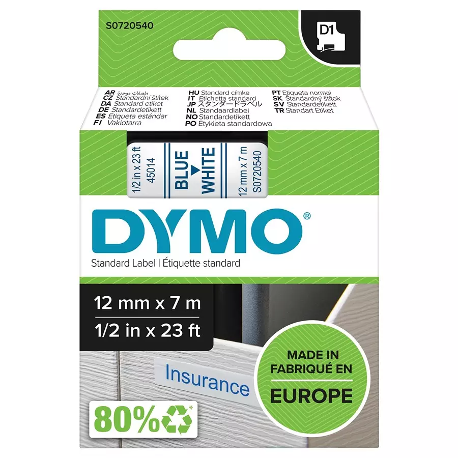 DYMO Tape, Blue/White, 12Mm, 45014
