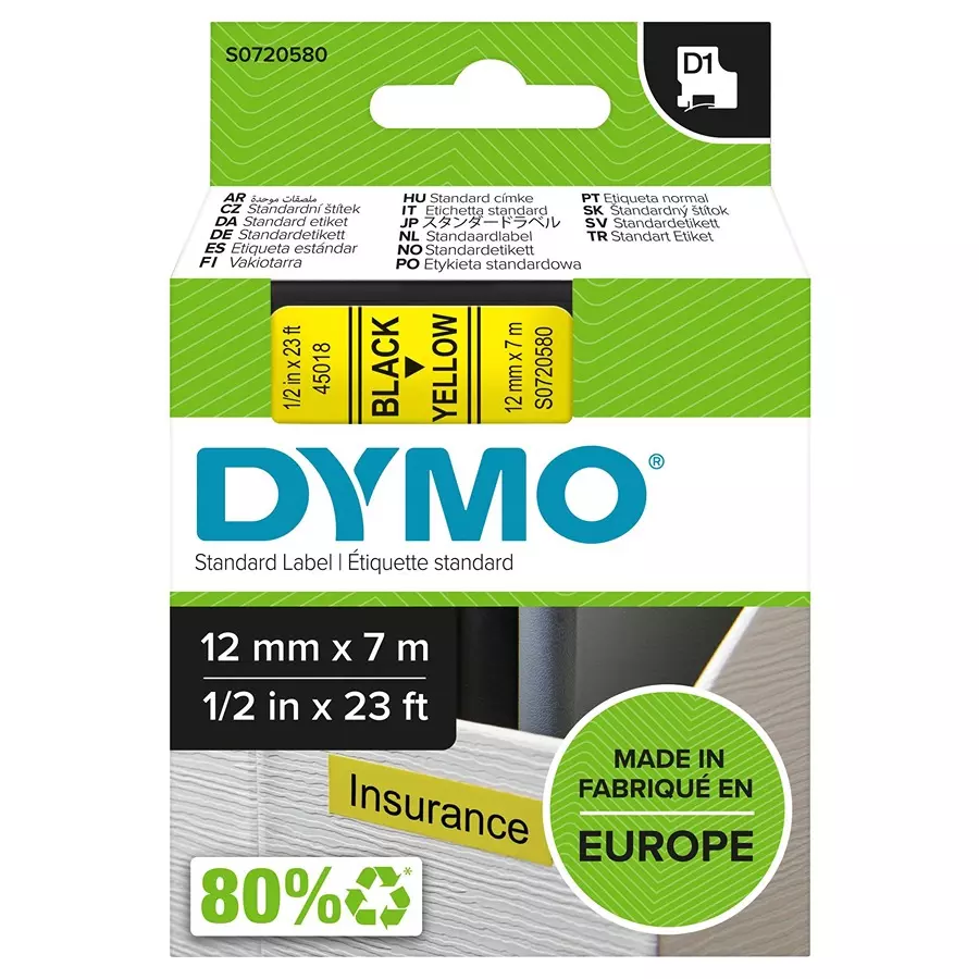 DYMO Tape, Black/Yellow, 12Mm, 45018
