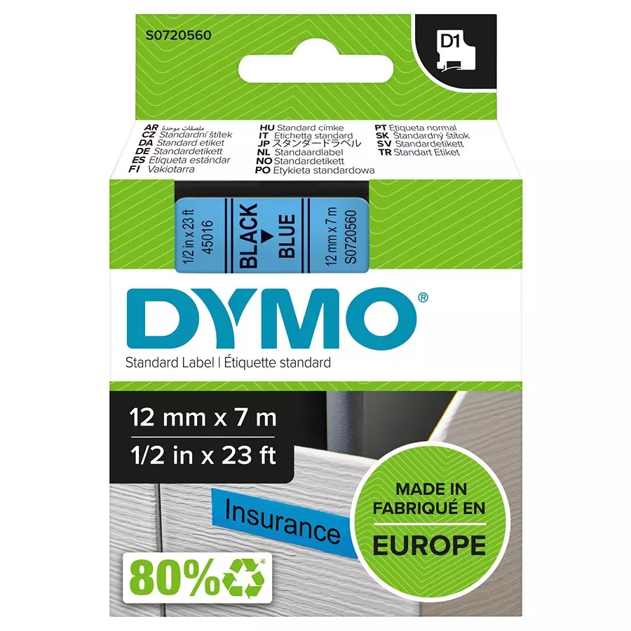 DYMO Tape, Black/Blue, 12Mm, 45016