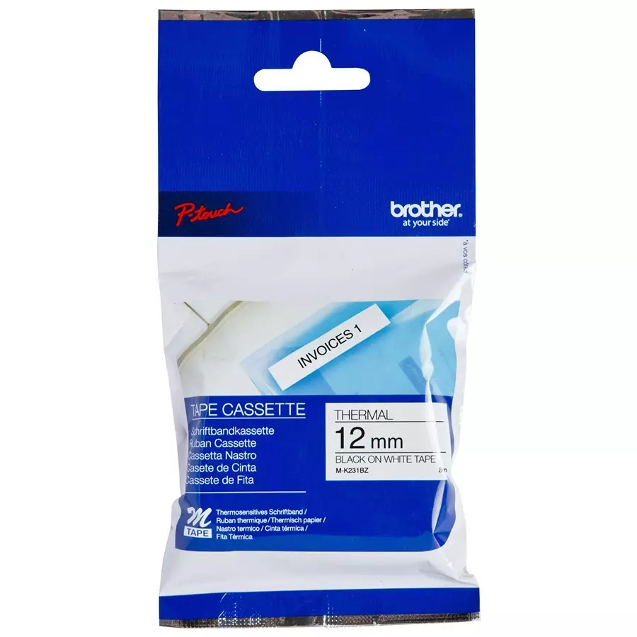 BROTHER Tape, 12Mm, 8M, White/Black Ink, MK231BZ