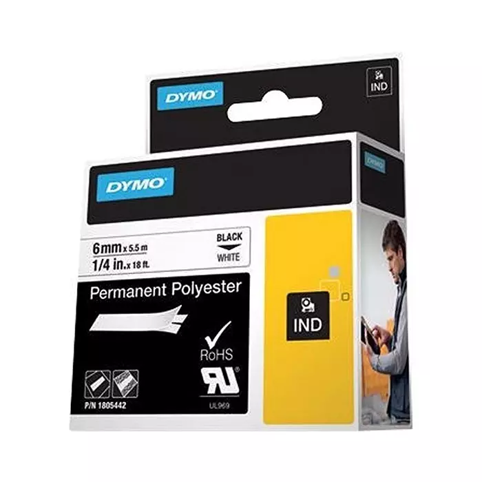 DYMO Polyester Tape, Adhesive, White On Black, 1805442
