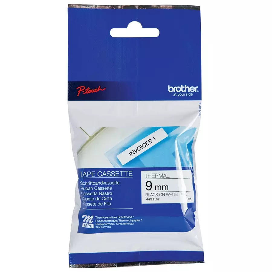 BROTHER Tape, 9Mm, Black/White, MK221BZ