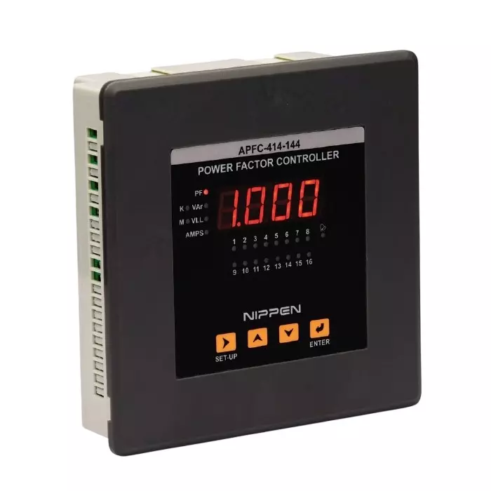 Nippen Automatic Power Factor Controller Relay 1 Phase 1 CT 6 Stage LED Display, 11-300 V AC, 80-270 V AC/DC Auxiliary Supply and 144x144 mm Size, APFC-414-144-6R