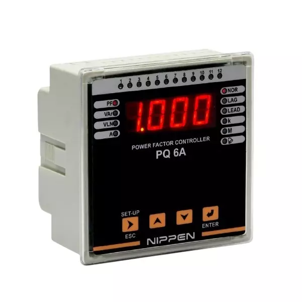 Nippen Automatic Power Factor Controller Relay 1 Phase 1 CT 8 Stage LED Display, 11-300 V AC, 80-270 V AC/DC Auxiliary Supply and 96x96 mm Size, PQ-6A-96 (1PH-1CT)8R