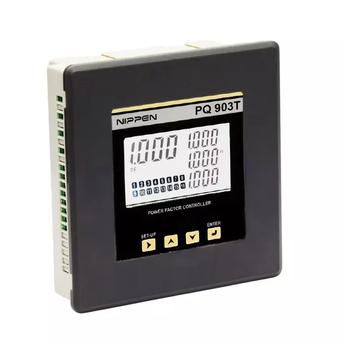 Nippen Automatic Power Factor Controller Relay 3 Phase 3 CT 16 Stage LCD Display, 19-520 V AC, 80-270 V AC/DC Auxiliary Supply and 144x144 mm Size, PQ-903T-144 (3PH-3CT) 16R
