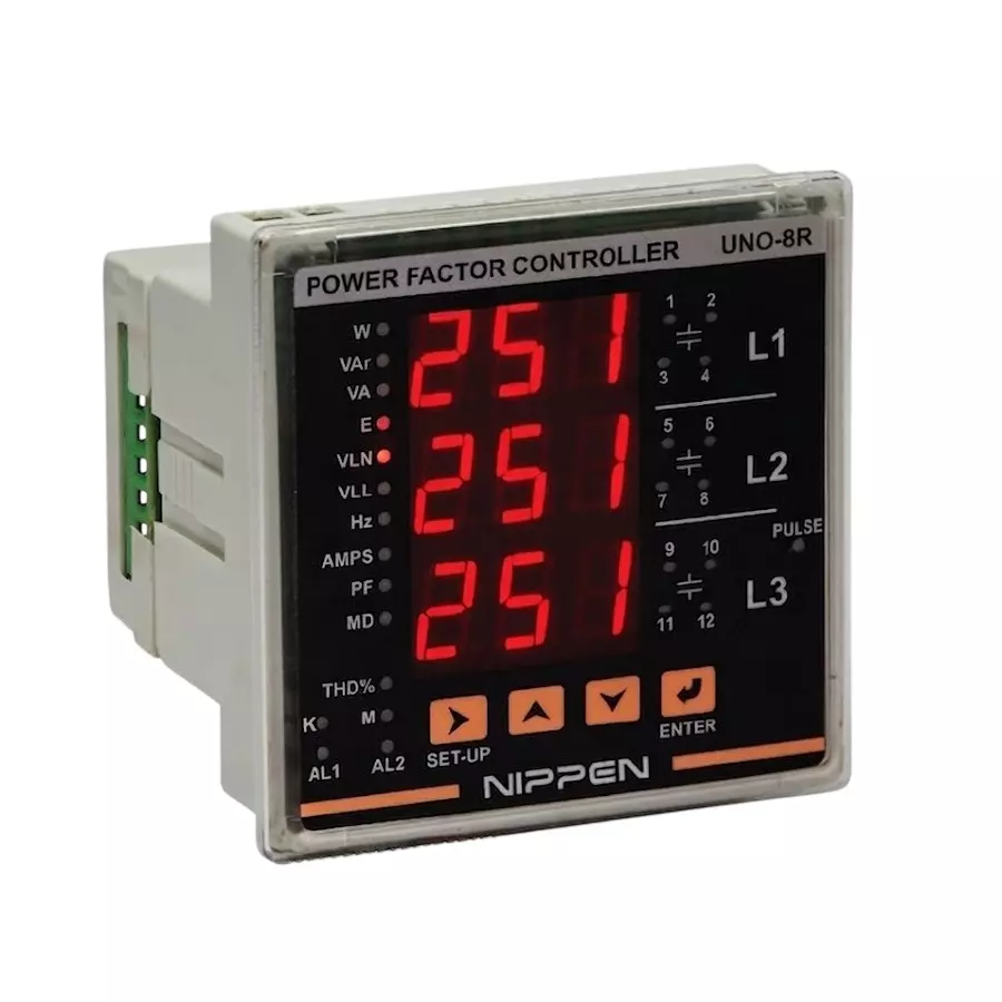 Nippen Automatic Power Factor Controller Relay With MFM, 3 Phase 3 CT 8 Stage LED Display, 80-270 V AC/DC Auxiliary Supply and 96x96 mm Size, UNO-8R