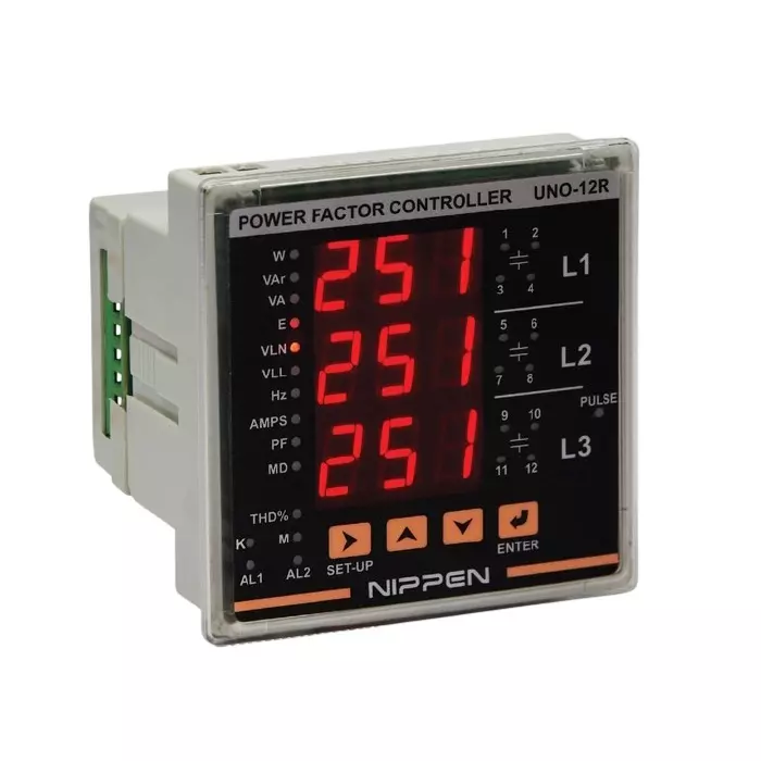 Nippen Automatic Power Factor Controller Relay With MFM, 3 Phase 3 CT 12 Stage LED Display, 80-270 V AC/DC Auxiliary Supply and 96x96 mm Size, UNO-12R