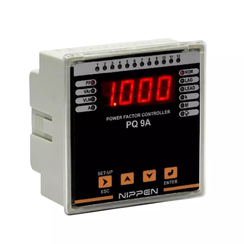 Nippen Automatic Power Factor Controller Relay 1 Phase 1 CT 8 Stage LED Display, 11-300 V AC, 80-270 V AC/DC Auxiliary Supply and 144x144 mm Size, PQ-9A-144 (1PH-1CT) 8R